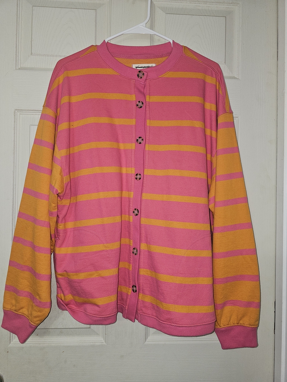 Free People Pink and Yellow Striped Button-Up Cardigan